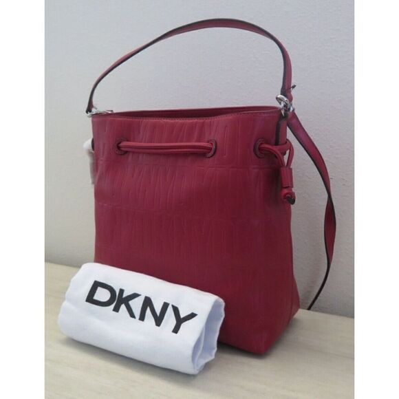 DKNY R13JVP96 Red Signature Logo Jody Drawstring Bucket Tote Shoulder Bag $178 - Picture 4 of 14